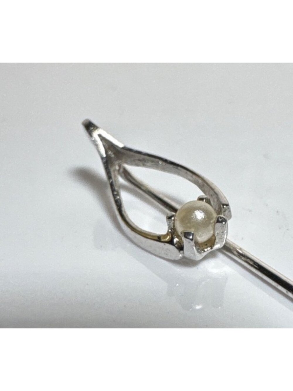 Silver Tone Stick Pin With Pearl Inspired Accent Wishbone Teardrop Design 2"
